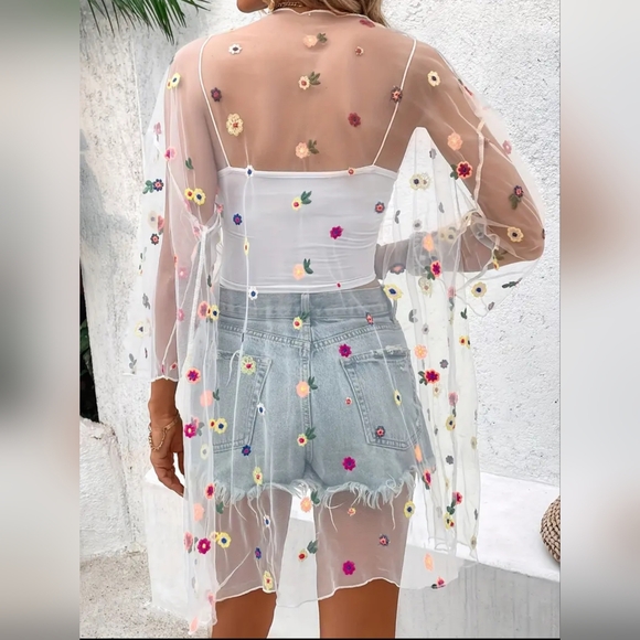 New Floral Embroidered Mesh Open Front Cover Up Blouse Large - Picture 2 of 5